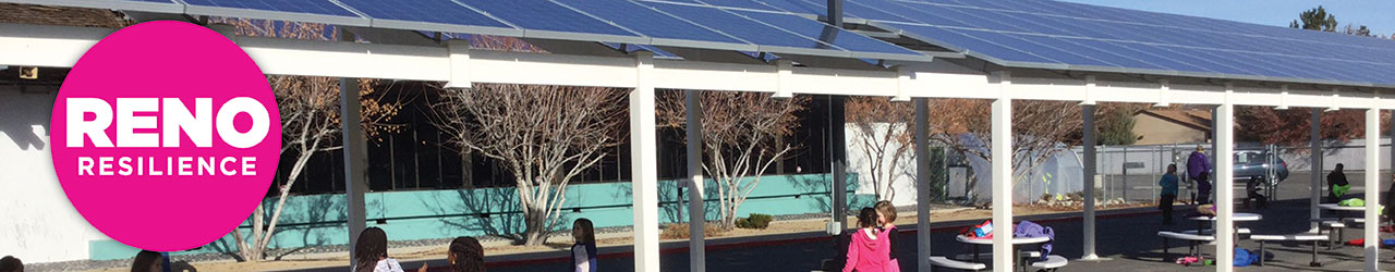 Solar panels on patio structure at a school. Reno Resilience logo on top of image.