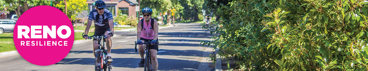 Two people on bikes on a path with Reno Resilience logo on top of image