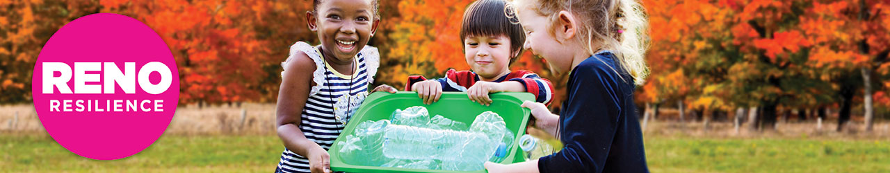 Kids with bottles in a recycling container with Reno Resilience logo on top of image