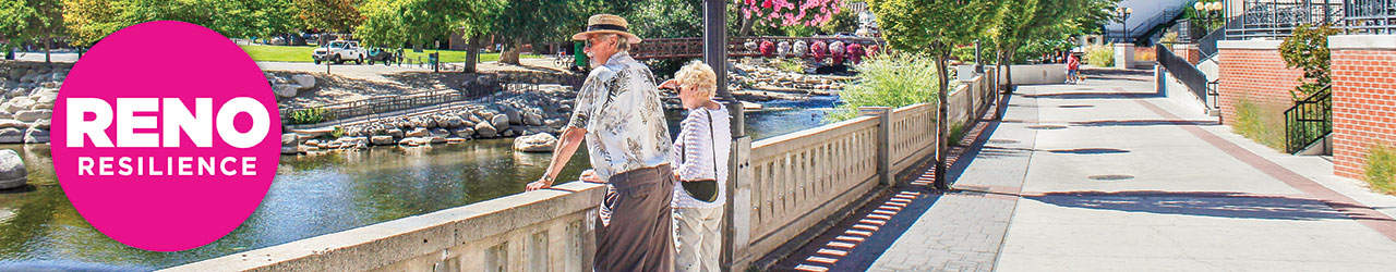 Senior couple looking at Truckee River with Reno Resilience logo on top of image