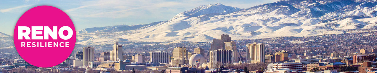 Overview of Reno in winter with Reno Resilience logo on top of image