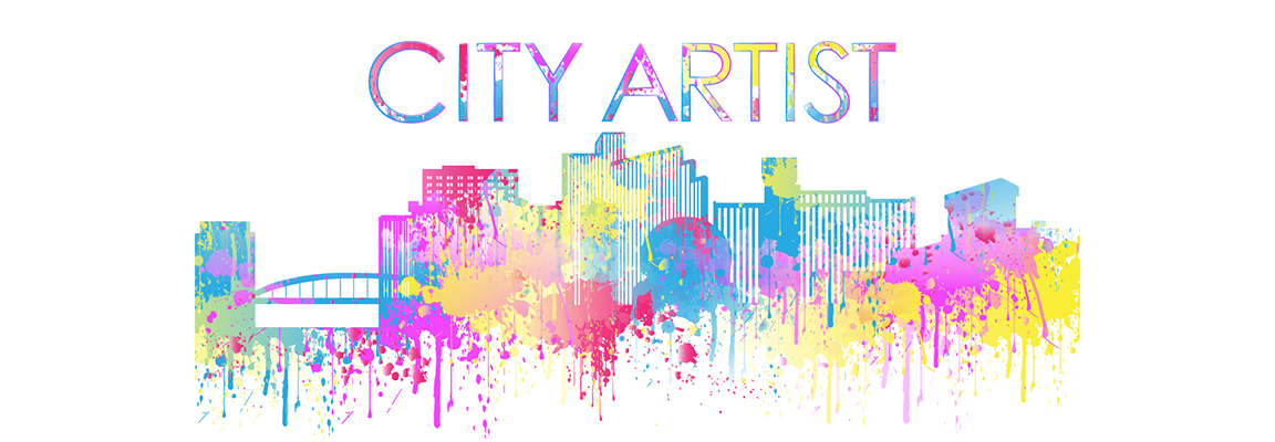 City skyline with the words city artist above in multi colored paint splatter