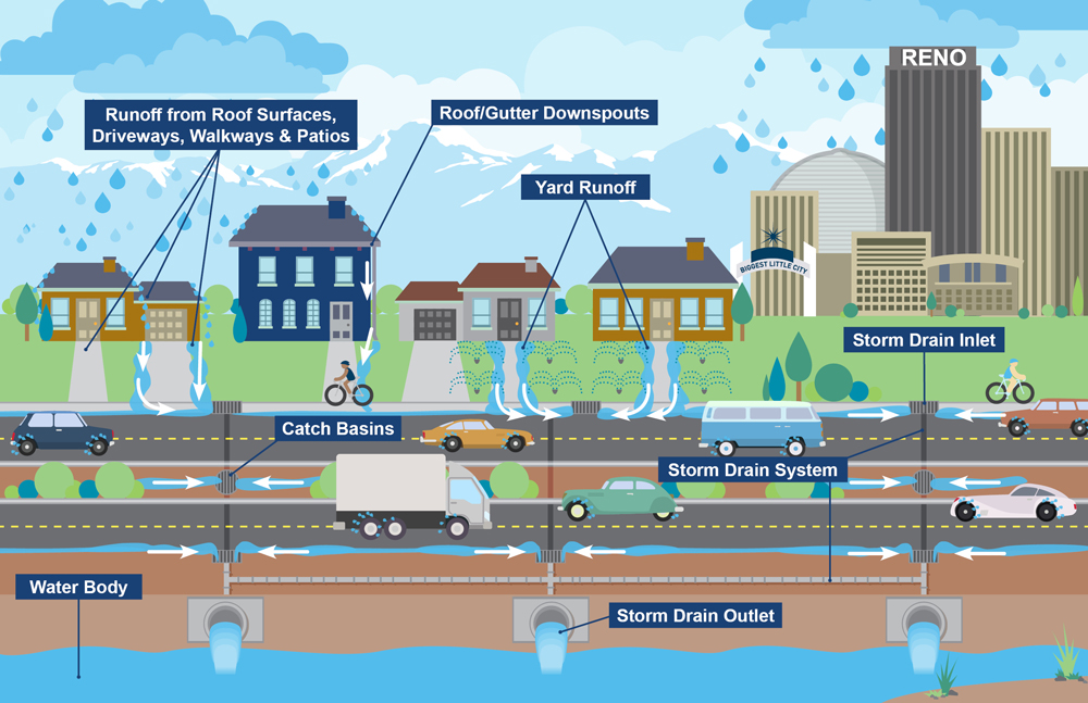 Infographic showing how stormwater lands on various surfaces including buildings and streets and collects debris and ends up in storm drain systems and eventually into local water sources