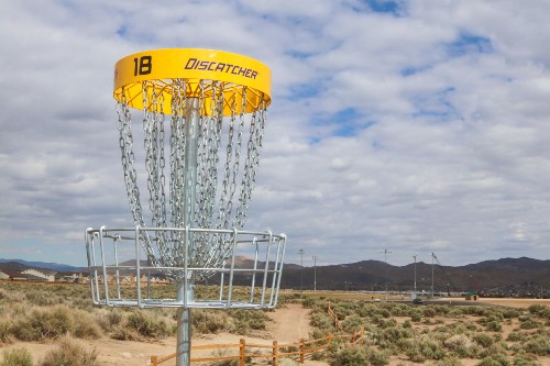 Close up of disc golf net and Mayors Park in the background