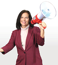 Barbara Ackermann holding a megaphone