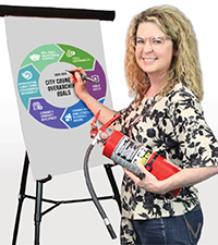 Jackie Bryant holding a fire extinguisher in front of an easel showing City Council goals