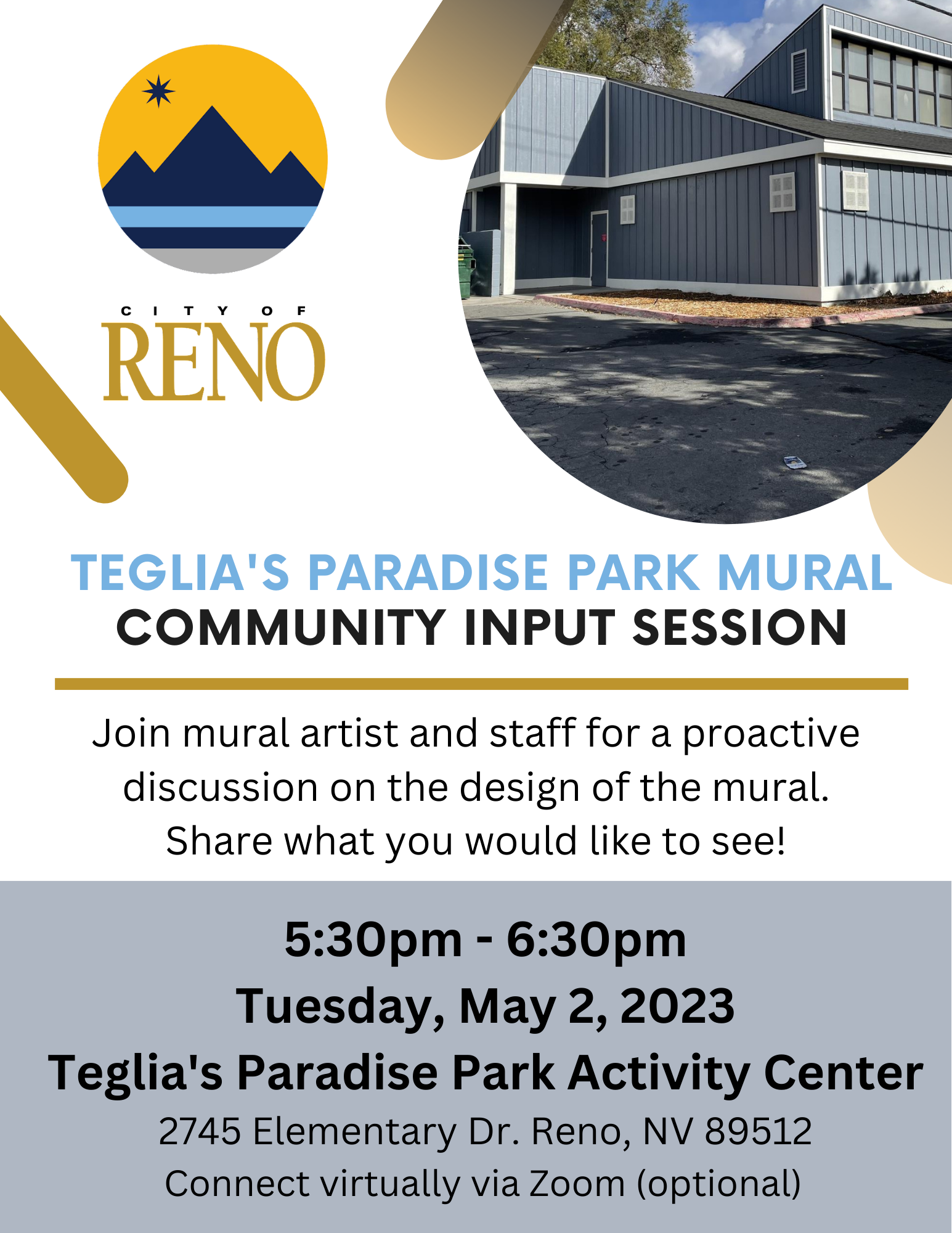 Flyer with image of Paradise Park Activity Center and text that reads community input session Tuesday, May 2, 2023 5:30 to 6:30 PM