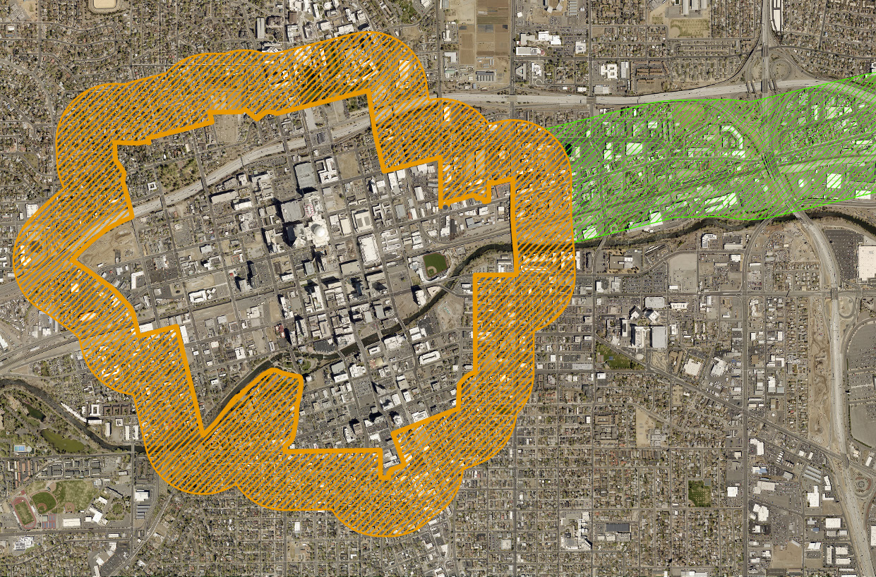 Map showing shaded orange and green areas in downtown Reno. For details on businesses that are within these boundaries, please call City of Reno Business Licensing.