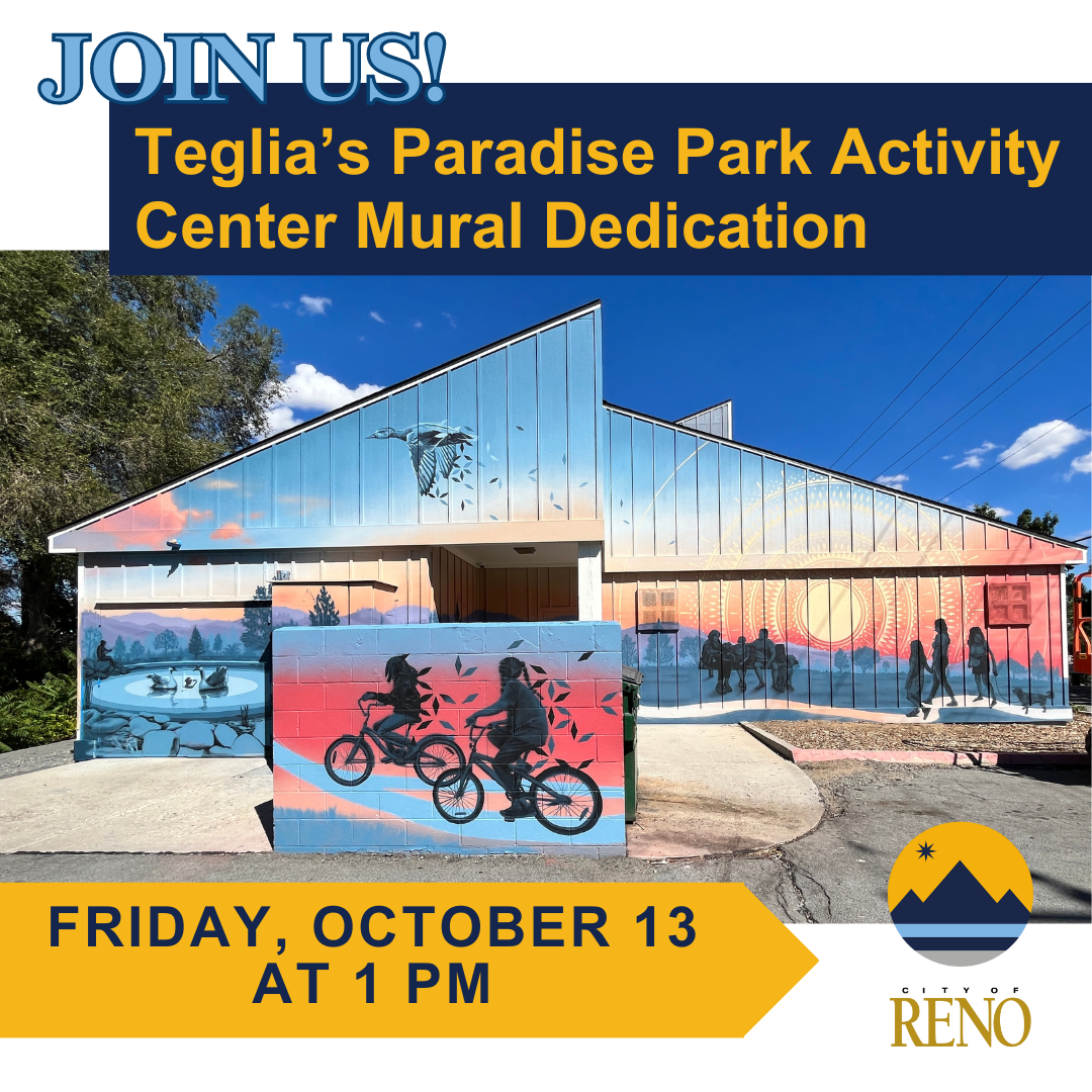 Text reads Join Us! Teglia's Paradise Park Activity Center Mural Dedication. Friday, October 13 at 1 PM. Image is of the new mural in sunset colors, depicting people enjoying the park.