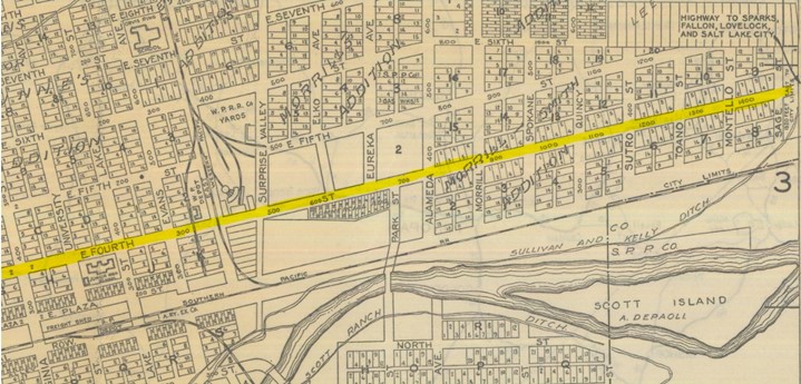 Segment of 1930 Thomas Bros East 4th Street on Map from UNR Libraries Digital Collections