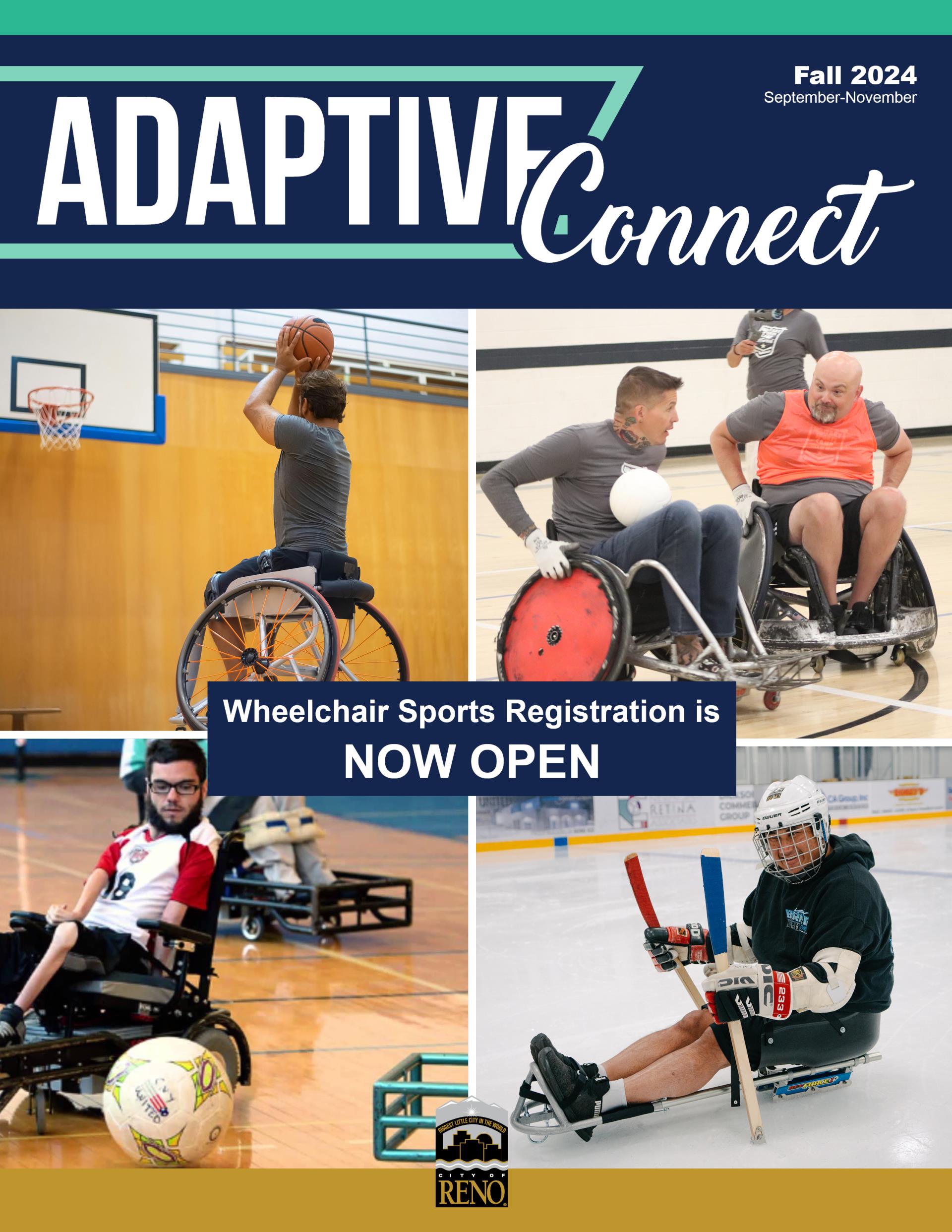 Wheelchair sports registration is open with images of wheelchair basketball, rugby, sled hockey and power soccer