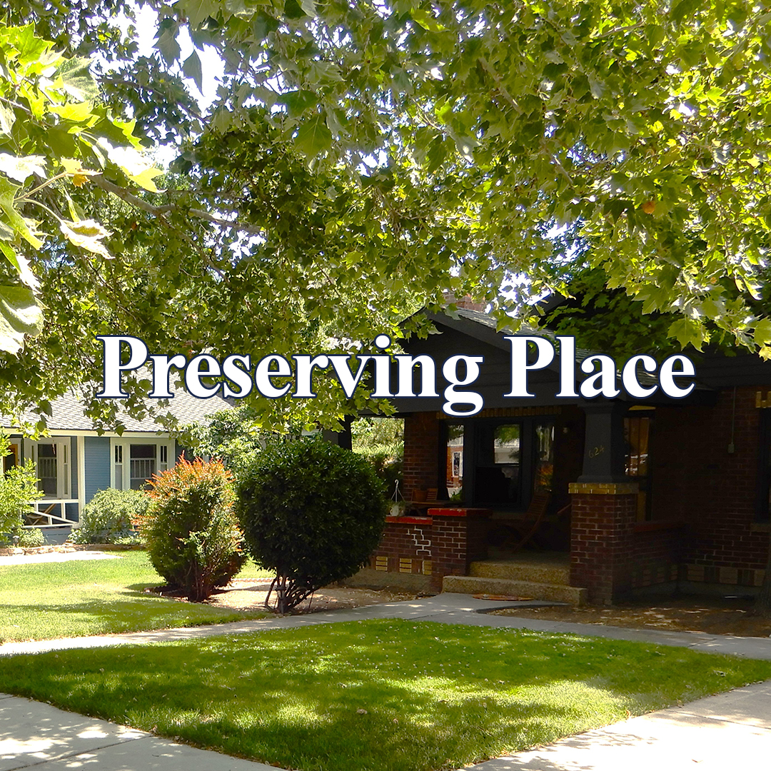 tree lined street with Preserving Place graphic