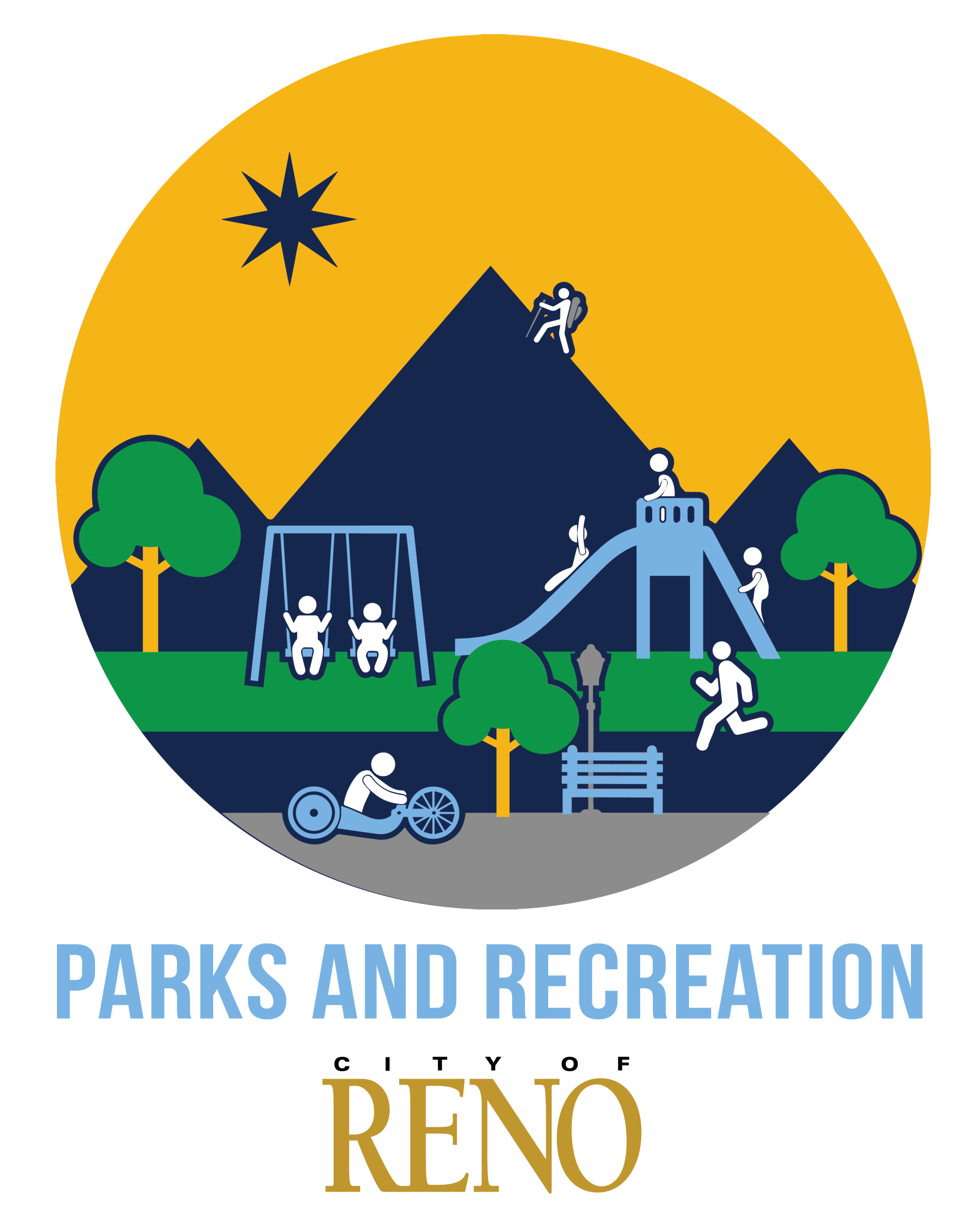 Part of Reno Flag with park and playground illustrations and City of Reno logo and text saying Parks and Recreation