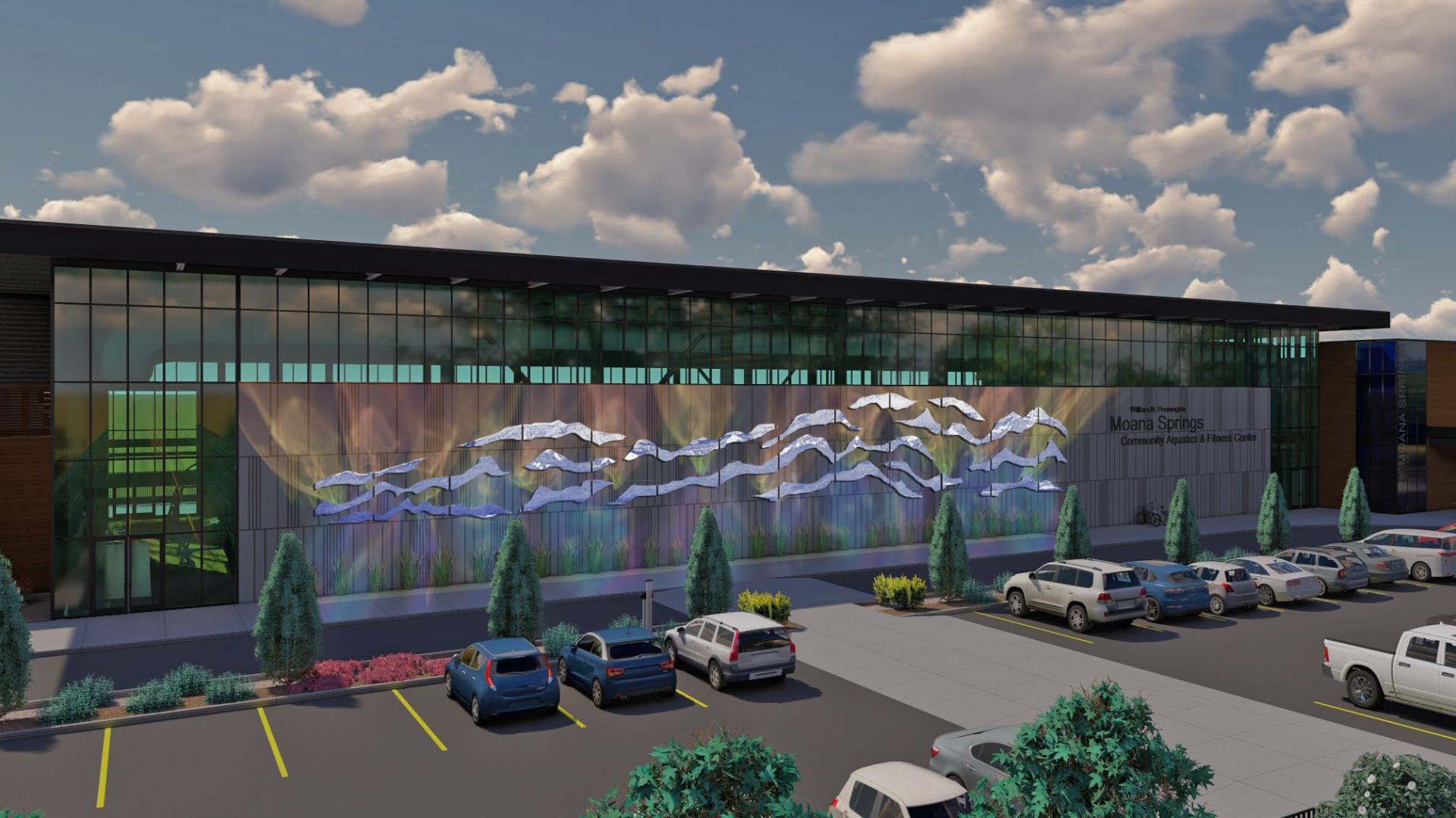 rendering of outside of Moana Springs Aquatics Center with artwork on exterior