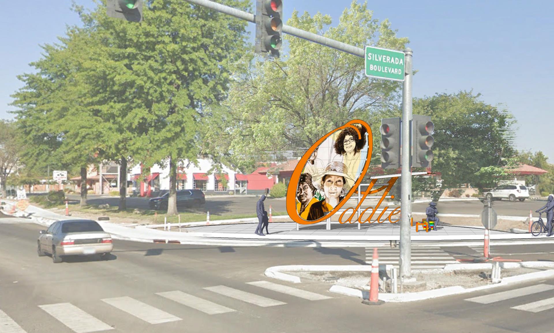 Rendering of the corner of oddie and Silverado with artwork that spells out Oddie