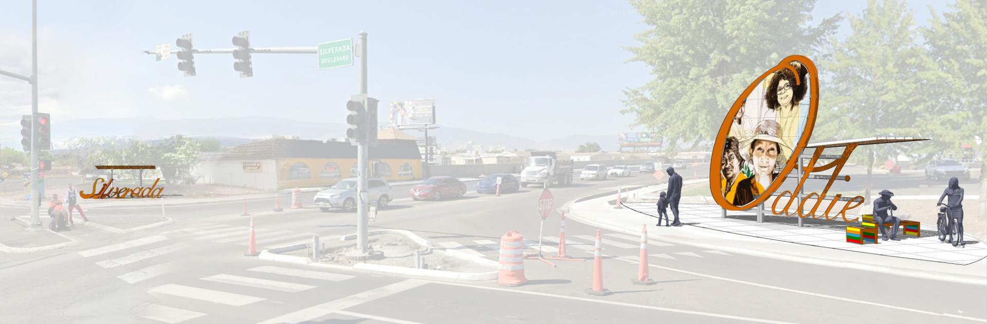 wide angle image of rendering of intersection of oddie blvd and silverado with art works placed