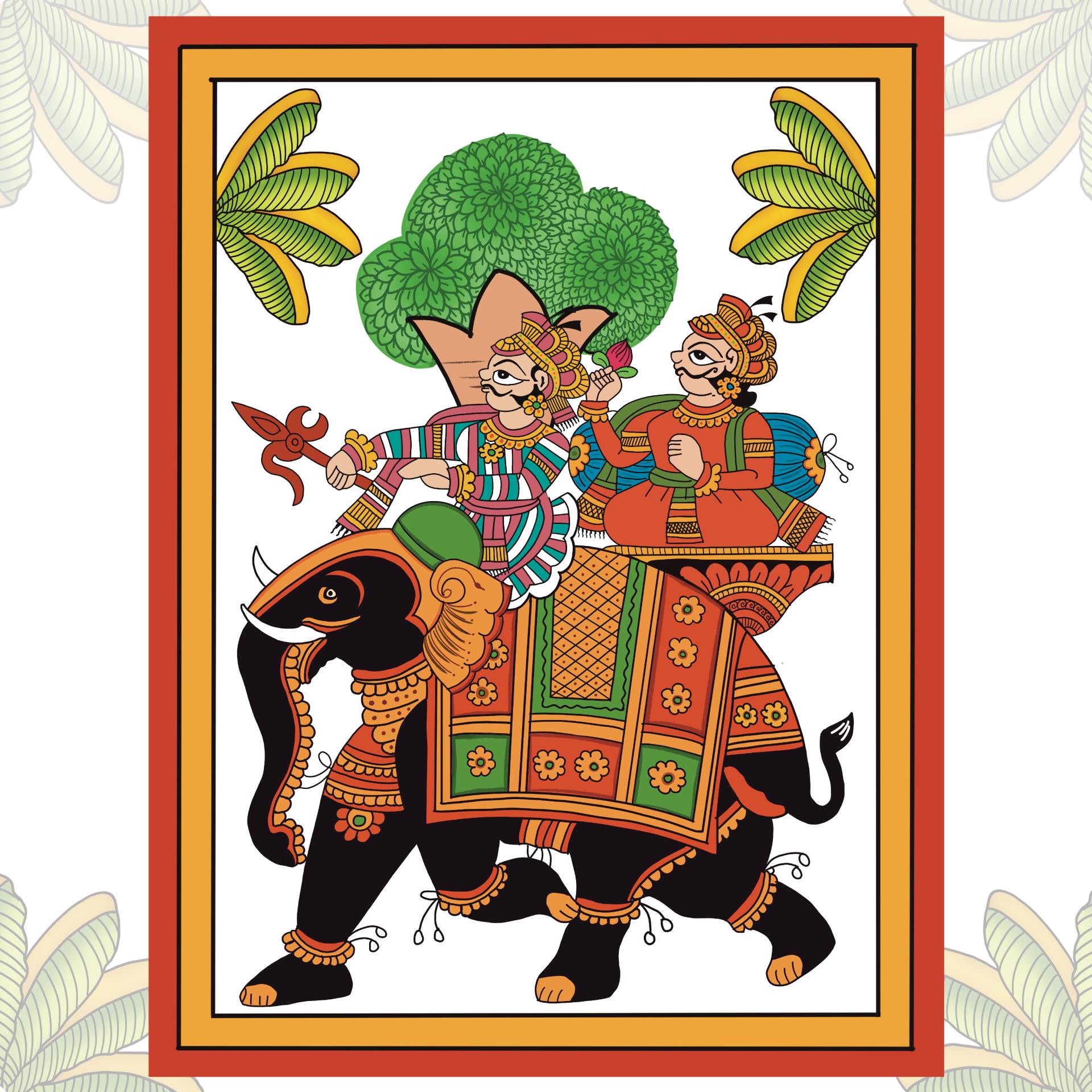 Artwork depicting two people riding an elephant